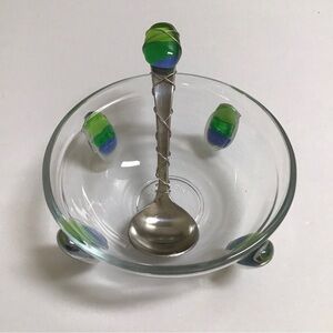 Art Glass Condiment Dish Blue Green Pebble Wire Wrapped Spoon Sea KIG Indonesia
